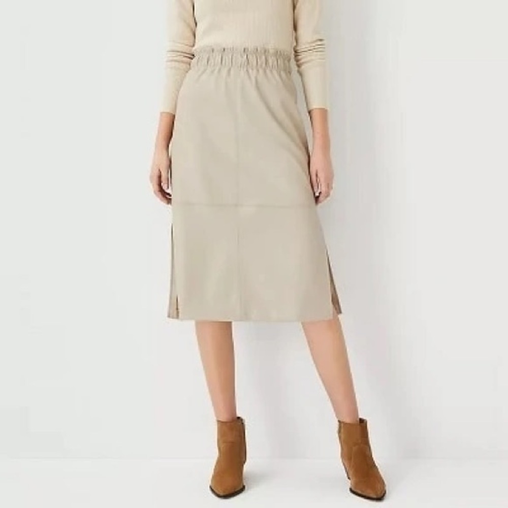 Ann Taylor Neutral Beige Elastic-Waist Midi Skirt